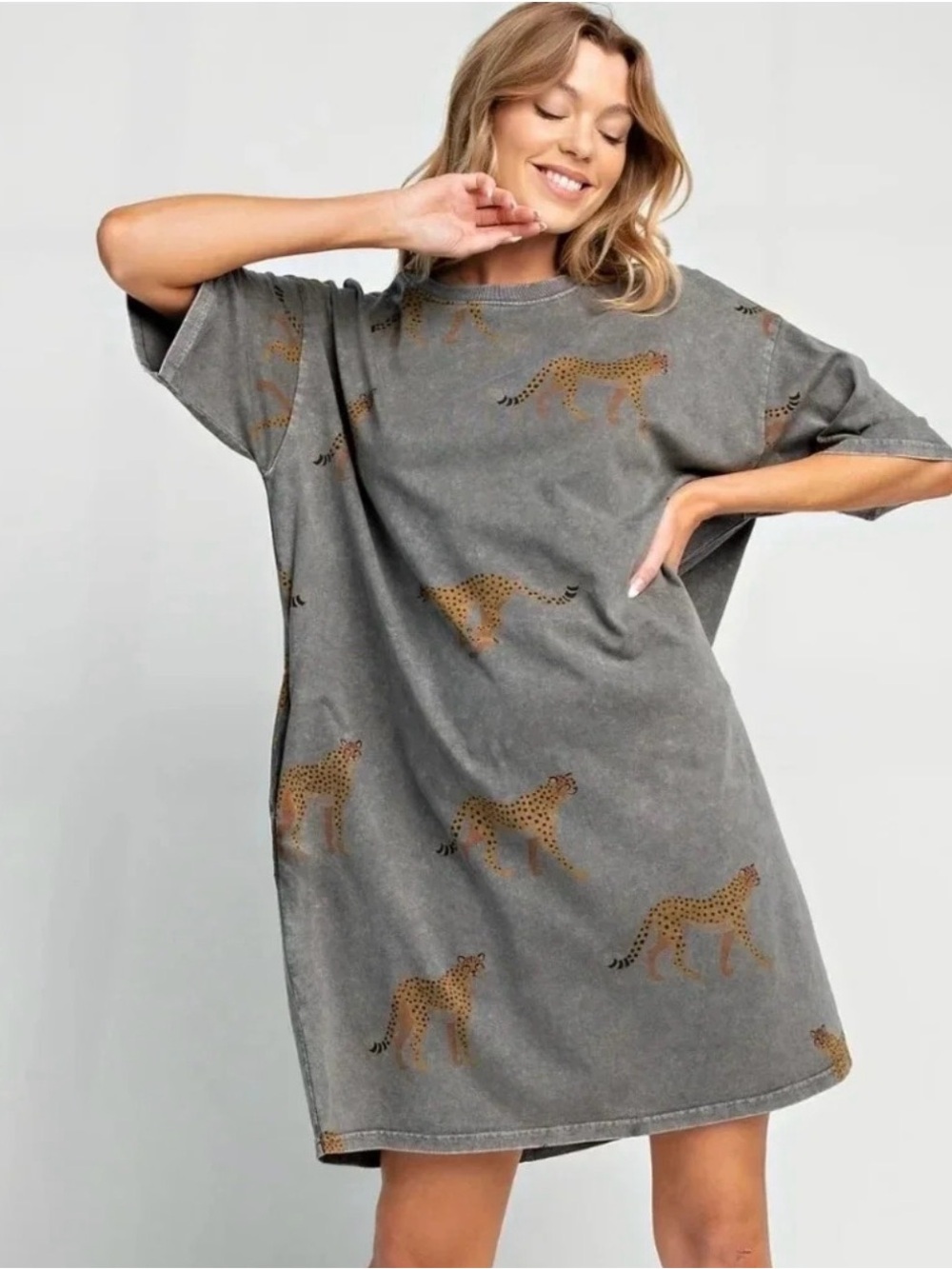 Easel Mineral Washed Cheetah Print T Shirt Dress in Ash size S Small NWT